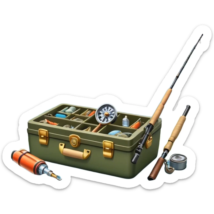 Icon for Fishing: a boat on the shore of a peaceful water body with a beautiful natural landscape, a fishing tackle box, a spinning rod. The icon should capture the tranquility and gear of a fishing adventure. Without frame. Transparent background. sticker