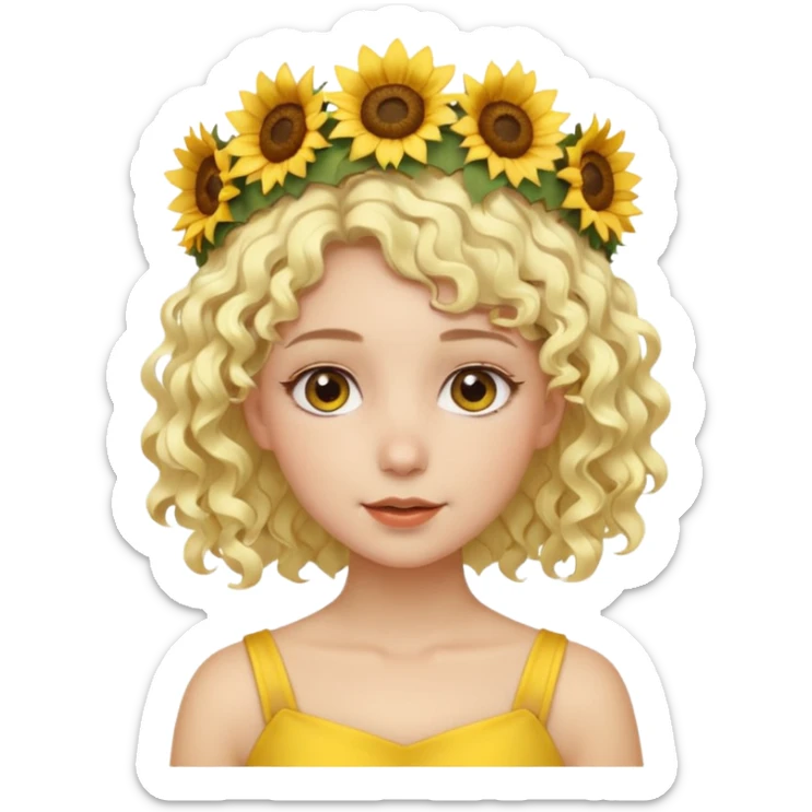 ["Fair skin female, short platinum-blonde curly hair, wearing a yellow sunflower crown."] sticker