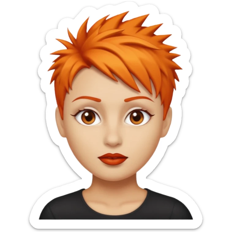 A person emoji with light skin, short spiky orange hair swept to one side, matching orange eyebrows, brown eyes, an oval-shaped face, a small nose, and dark lipstick. sticker