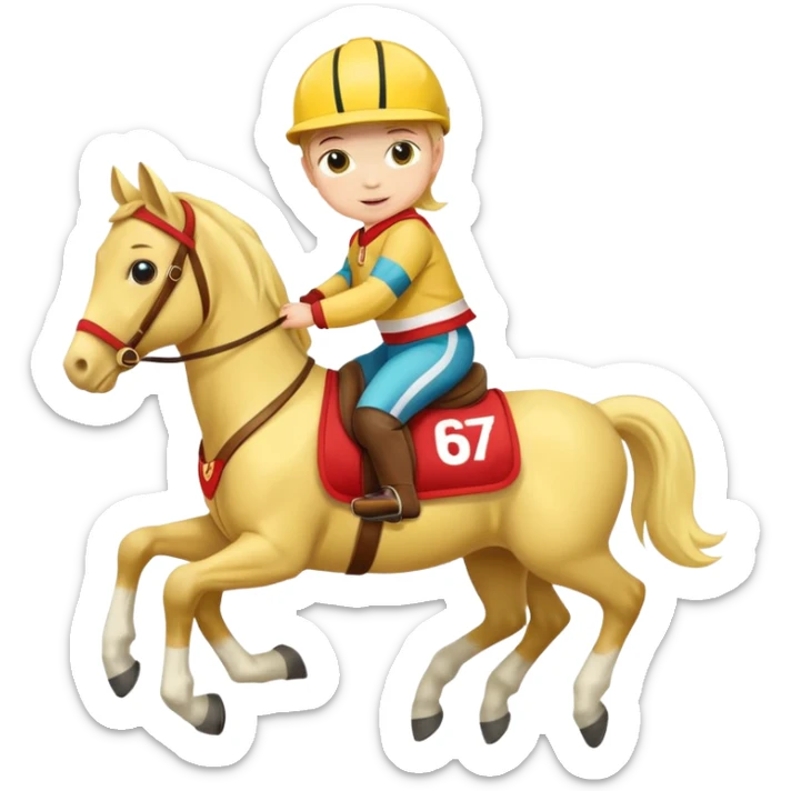 baby riding horse wearing racing cloth yellow number sticker