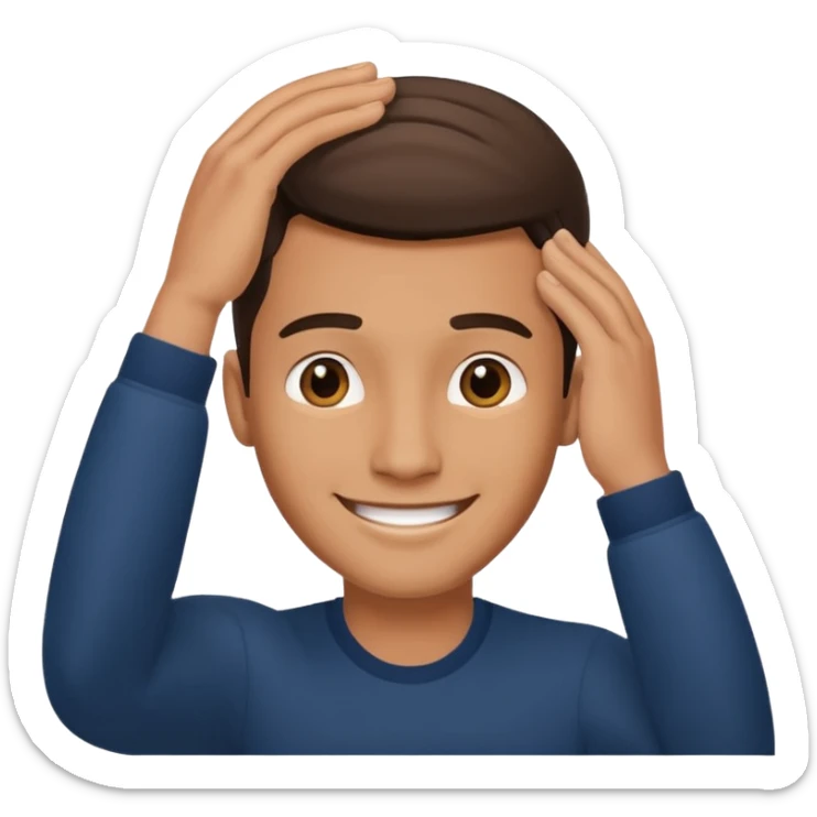 Picture of a handsome man smiling like he is very confident in himself with his hand on his head sticker