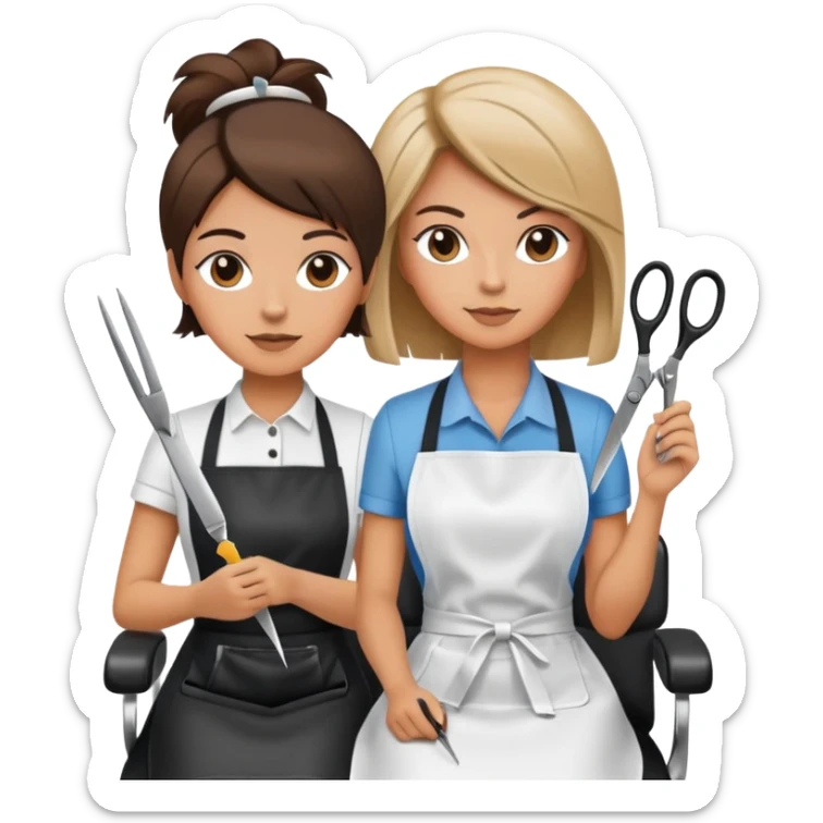 woman in apron sitting in salon chair, female hairstylist behind her with scissors sticker