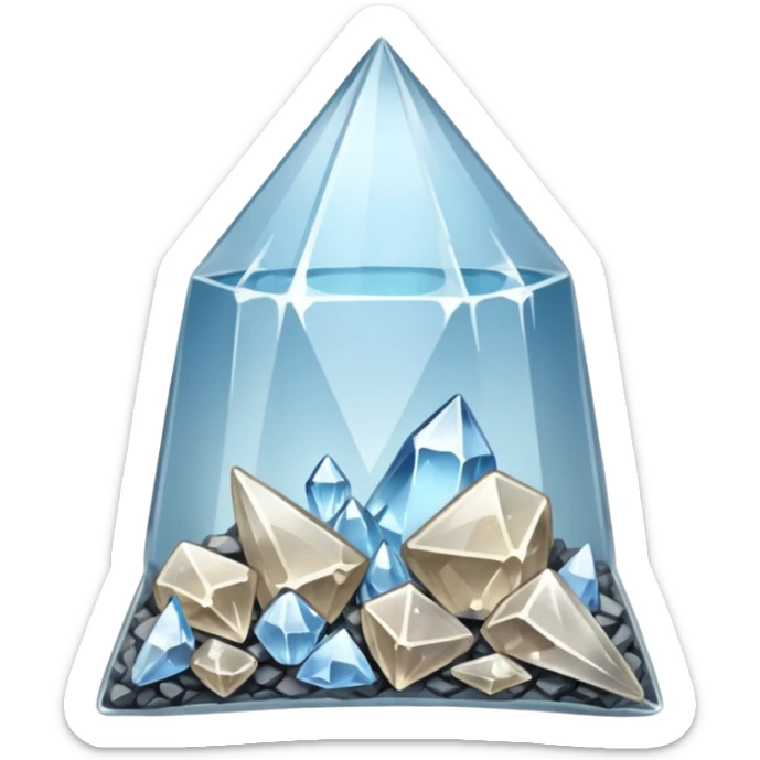 A transparent baggie containing shards of clear glass shards and crushed clear quartz sticker