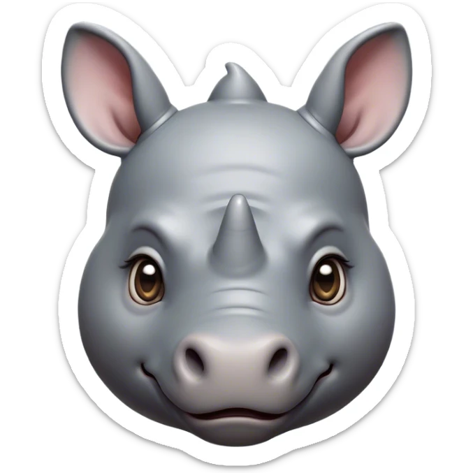 Cinematic Cute Rhinoceros Portrait Emoji, Head tilted playfully and inquisitively, featuring a rugged, glossy slate-gray hide with a gentle, rounded horn and round, sparkling eyes filled with curious wonder, Simplified yet irresistibly adorable features, highly detailed, glowing with a warm, friendly glow, high shine, affectionate and mighty, stylized with a touch of ancient charm, bright and endearing, soft glowing outline, capturing the essence of a mischievous yet loving rhinoceros, so playful it feels like it could stomp out of the screen and into your arms! sticker