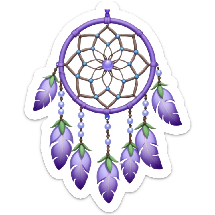 Lavender lilac pastel purple dreamcatcher-suncatcher with lavender flowers and lilac flowers attached, blue beads, and white beads, green leaves sticker