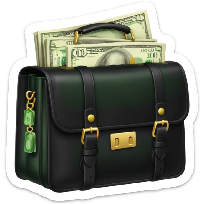 Create a black leather bag with a stack of cash a lot of money in authentic Apple emoji style. sticker