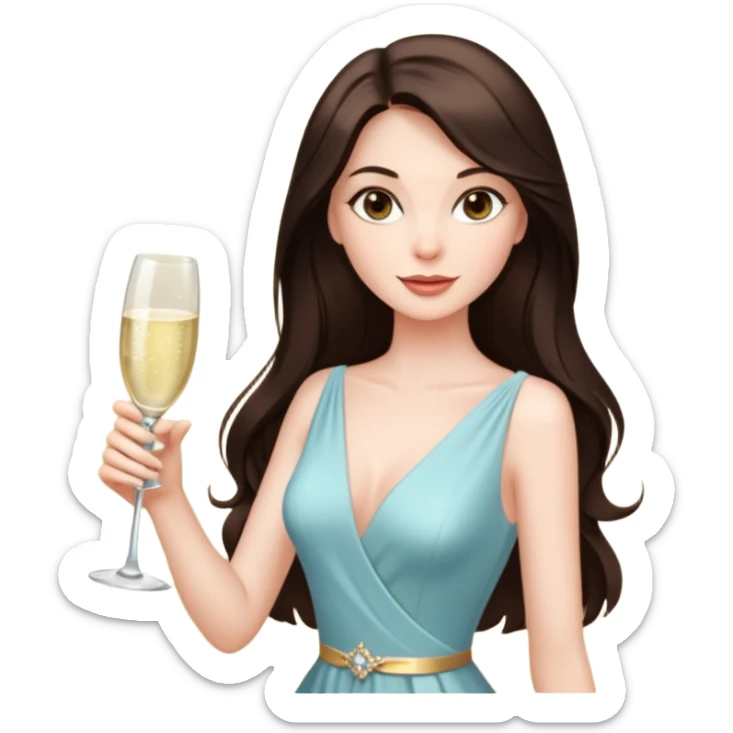 Sexy brunette woman long dark brown hair, hazel eyes, pale skin toasting with champagne sticker