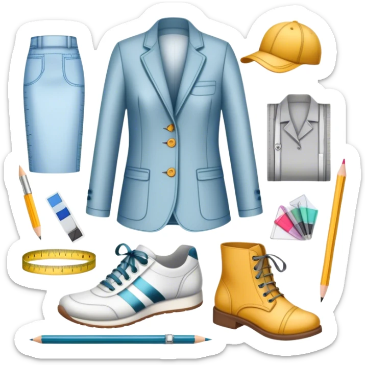 Icon for Fashion Design: sketches of clothing, shoes, and accessories with design tools like a pencil, fabric swatches, and a measuring tape. The icon should represent creativity in fashion design and tailoring. Transparent background. sticker