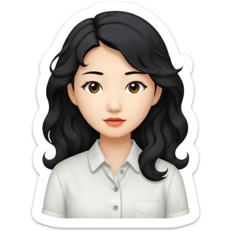 Asian woman, black hair, long permed wavy hair, white button-up shirt, flat colors, transparent background. sticker