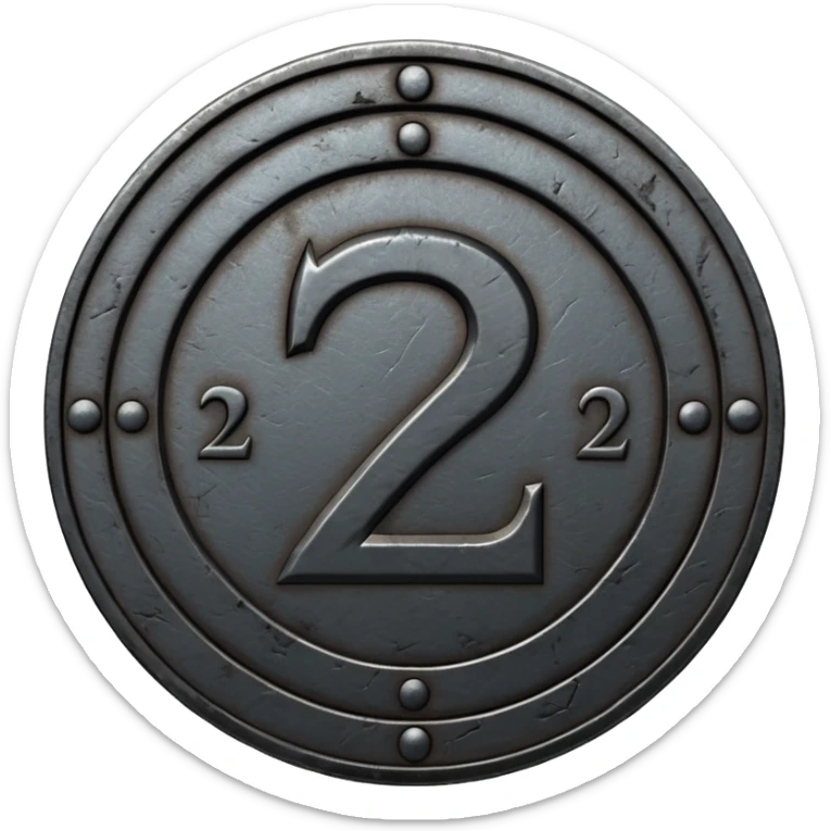Minimal emoji, gothic metal coin made of black steel, engraved number 2 at the center, ancient industrial aesthetic, worn metal texture, no glow, no neon, flat emoji design, centered, transparent background sticker
