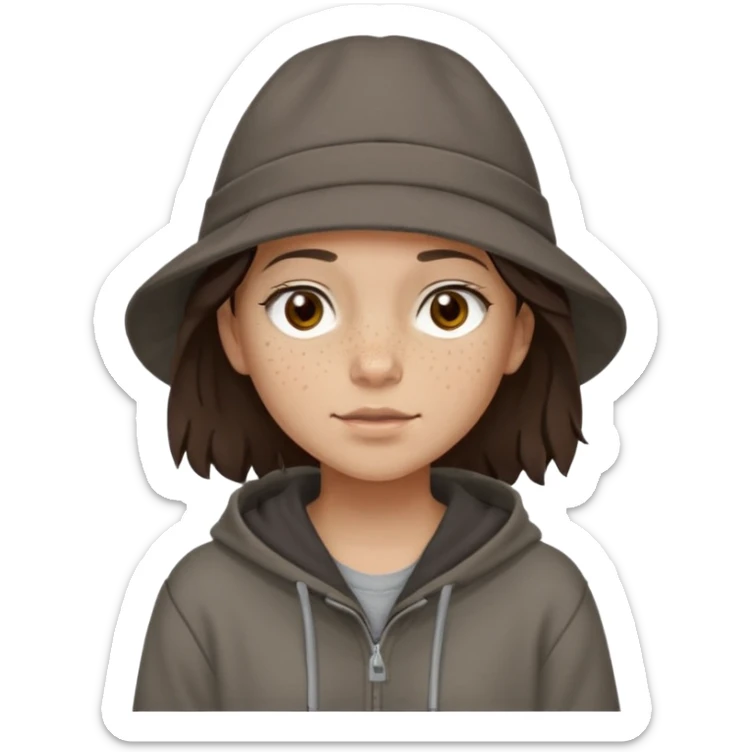 Hobo tomboy with light skin, freckles, shoulder-length center-parted dark brown hair. brown eyes, dark dull brown hoodie, grey shirt. Flat brimmed hat sticker