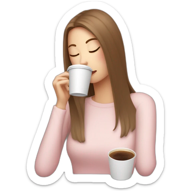 woman-with-pale-skin-and-brown-long-thin-straight-hair-wearing-a-white-woolly-shirt-drinking-coffee-from-a-light-pink-takeaway-cup-eyes-closed-b sticker