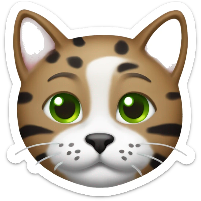 sokoke cat with a white torso and marbeled colors on his face (brown, black and with green eyes) smiling and closing an eye. Holding with a paw a whiskas cat food sachet sticker
