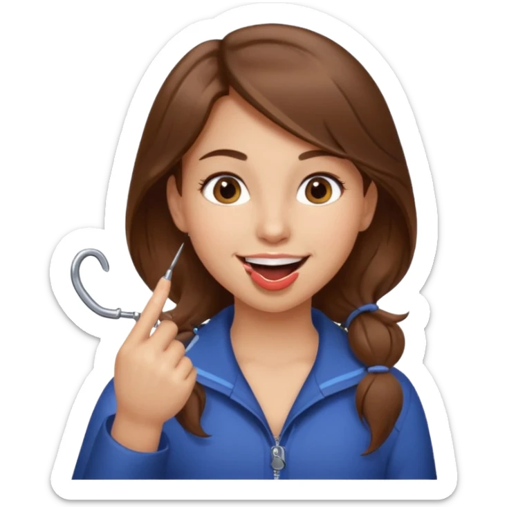 Emoji Fille cheveux long et brun yeux brun et que elle mette un doigt dans sa bouche qui forme un crochet et que elle fait un sourire  sticker