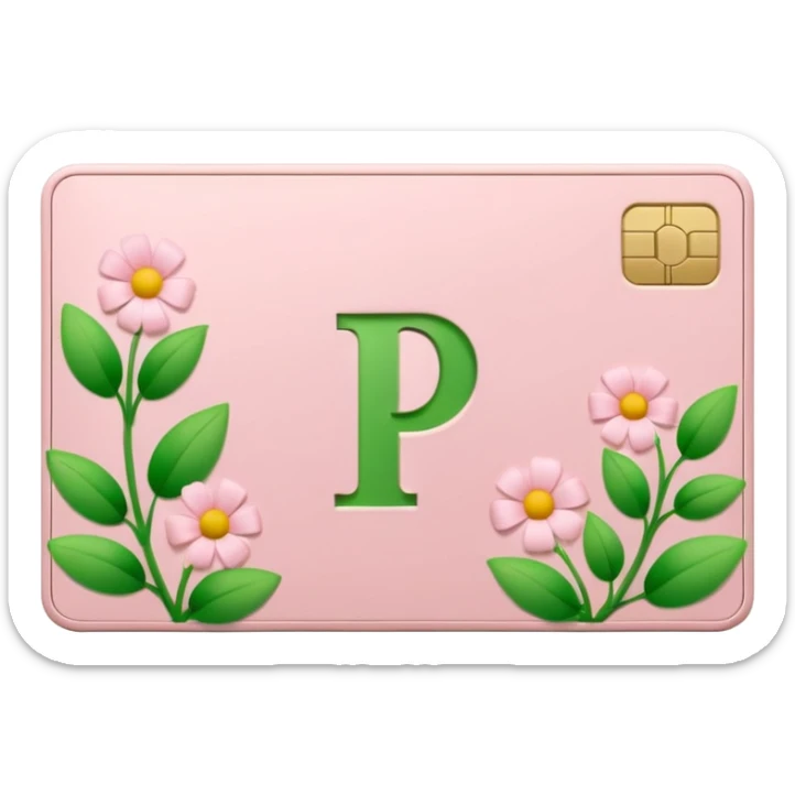 Pale Pink and green cute credit card, flowers growing around it , clean aesthetic, letter P on it sticker