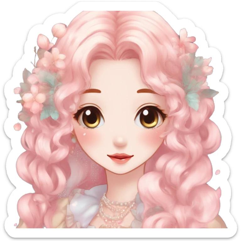 Gorgeous anime style lady with blushing face and accessories cottagecore fairycore Kawaii anime colorful pearly romantic aesthetic trending style sticker