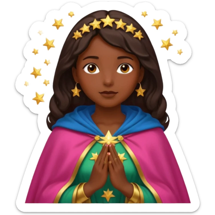 Mujer de piel morena, rostro sereno, manos juntas. Vestido rosa rojizo manto capa azul verdoso con muchas estrellas doradas pequeñas Resplandor como rayos de luz dorado alrededor del cuerpo. sticker