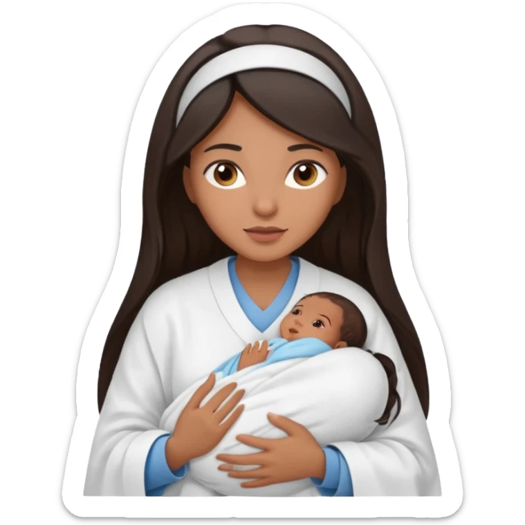 Female nurse with long dark hair with medium brown skin and brown eyes holding one new born  sticker