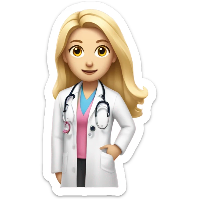 Long blonde hair doctor in pink undershirt white coat over pink stethoscope  sticker