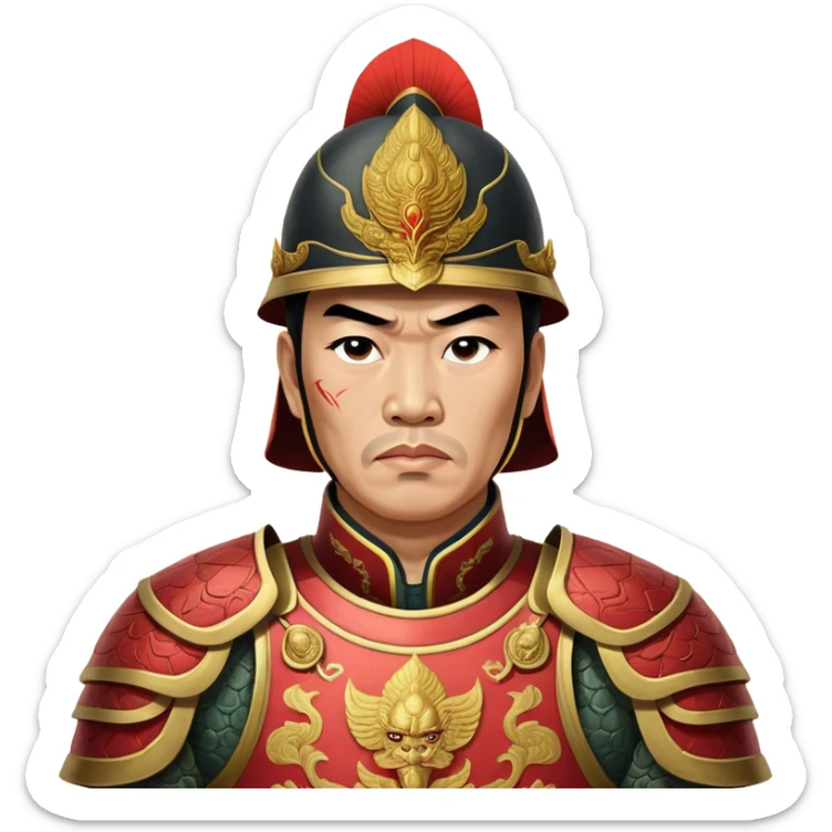 Trần Hưng Đạo – Cinematic Realistic Portrait of Trần Hưng Đạo, depicted as a revered Vietnamese general in traditional armor with a determined gaze, rendered with intricate historical textures and dynamic lighting that highlights his legendary martial spirit and leadership. sticker