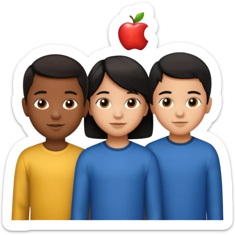 Three Hispanic kids: 9-year-old boy with short hair, 6-year-old girl with long straight hair, 6-year-old boy with short hair (twins), apple emoji style sticker