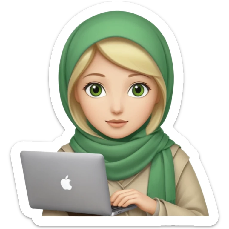 blond women skine , with green eyes , with scarf hijab , hid the hair, with macbook sticker