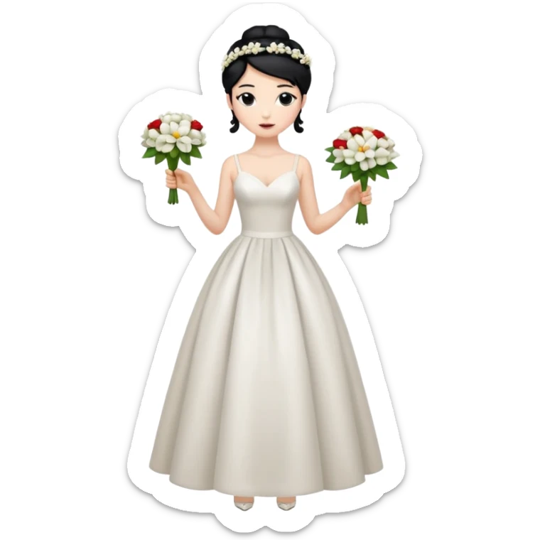 Chica blanca,cuerpo entero, vestido boda tirantes finos y estrecho, pelo negro recogido con mechones y zapatos tacon y 1 flor en la cabeza sticker