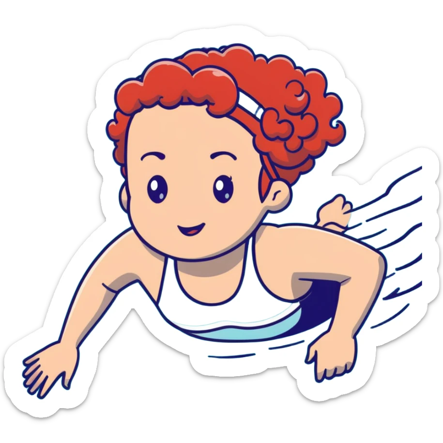 thin 18-year-old white female athlete swimmer with curly red hair about to enter a pool sticker