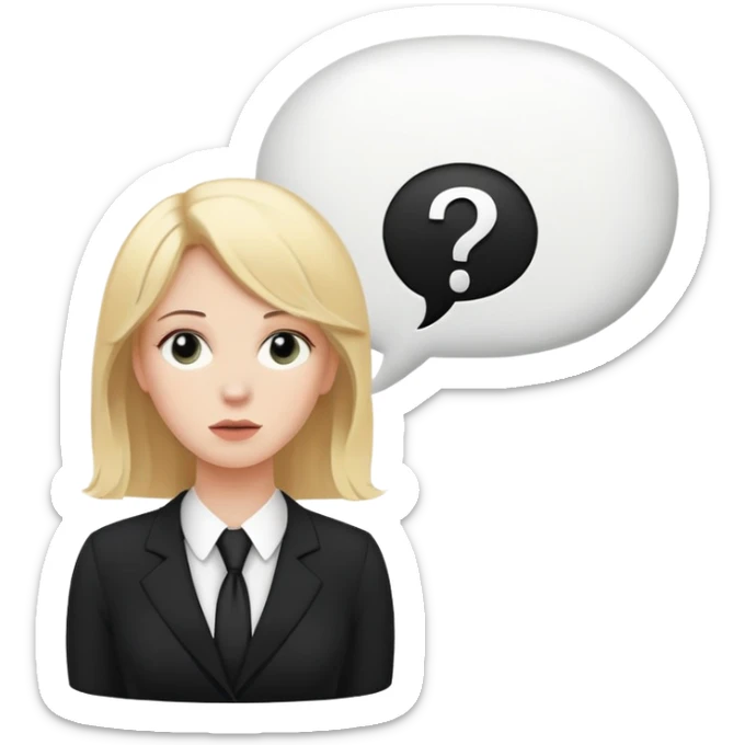 blonde haired white woman in a black formal suit with a white speech bubble containing a black question mark next to her head sticker