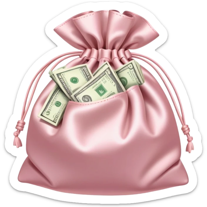 Soft pink satin money bag overflowing with cash, subtle luxury, no logos sticker