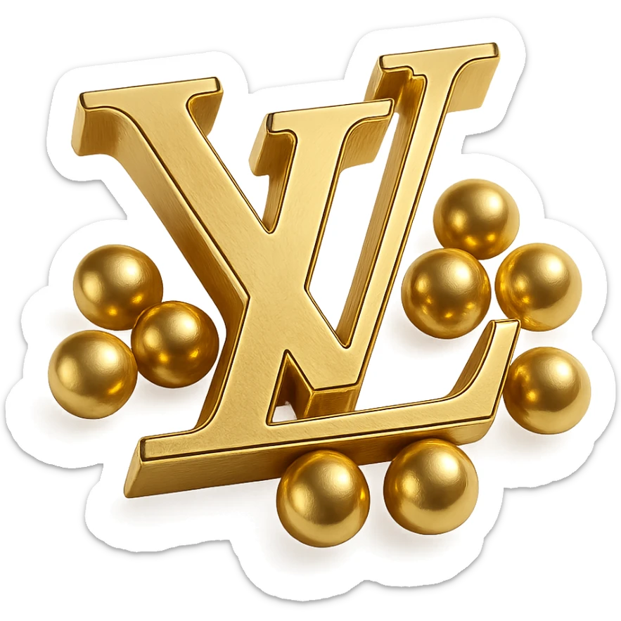 Louis Vuitton LV logo in metallic gold, surrounded by pearls, refined and timeless sticker