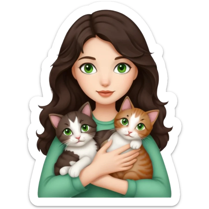 Beautiful girl with dark brown wavy hair and green eyes holding cats in arms sticker