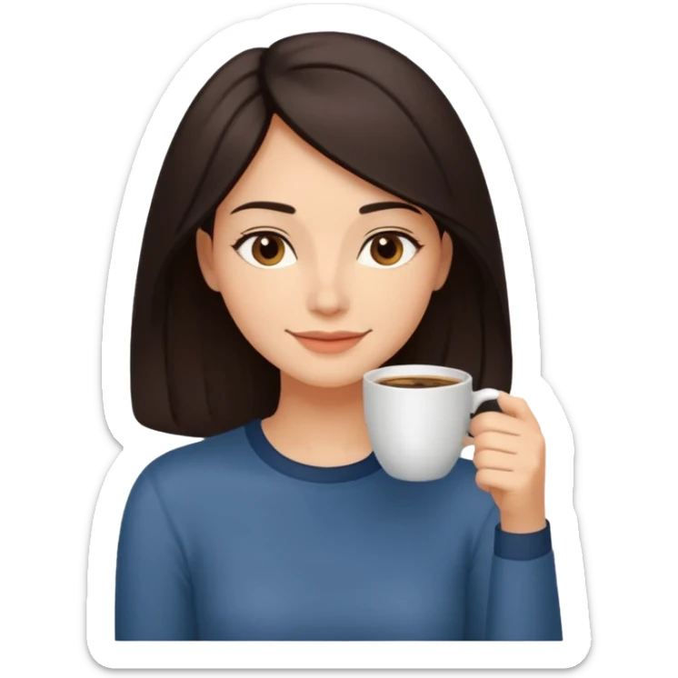Calm and confident woman with dark shoulder-length hair, warm skin tone, soft features. Sitting by a window, peacefully sipping coffee with a gentle smile. Relaxed, natural vibe. sticker