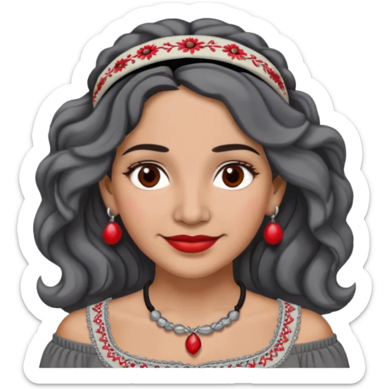 Latina woman, about 50, light brown skin, round face, wavy shoulder-length black and gray hair, red/white headband, medium eyes, thin eyebrows, subtle smile, gray peasant blouse, embroidery, bare shoulders, big dark necklace sticker