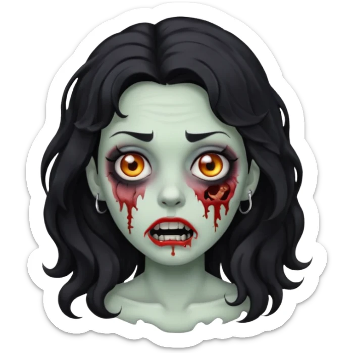 DRAW A ZOMBIE IMAGE OF A WOMAN WITH WAVY BLACK HAIR AND A MOUTH PIERCING sticker