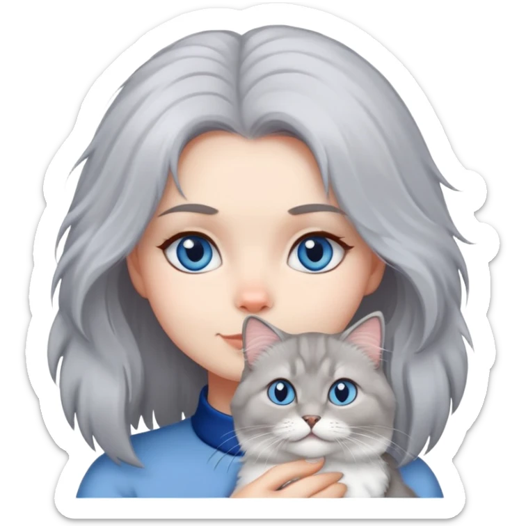 gray hair girl with white blue eye British Longhair cat sticker