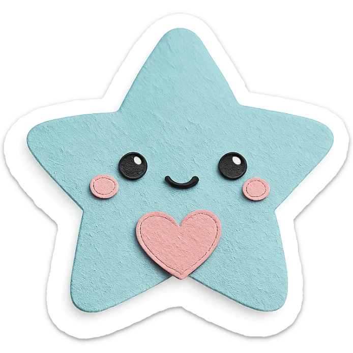 Adorable pastel blue star holding a tiny pastel heart, no arms or legs, full body, transparent background, in kawaii paper craft style. sticker