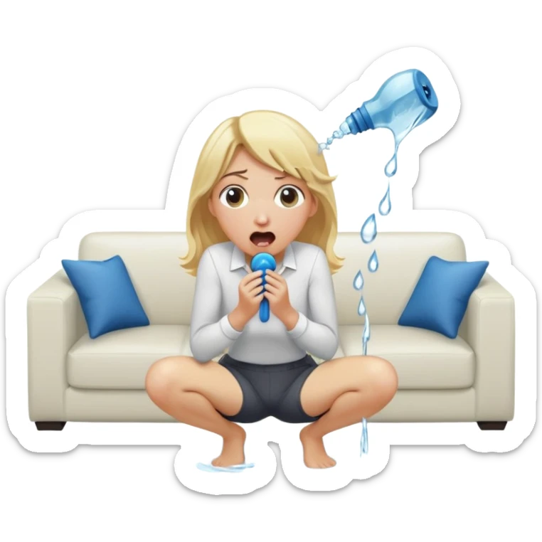 cartoonish blond woman sitting on her knees with surprised expression, wide cartoonish stick with a D-shaped knob coming out of a pair of pants hanging in front of her face, water stream squirting from the flat side of the knob into her open mouth, white couch in the background sticker