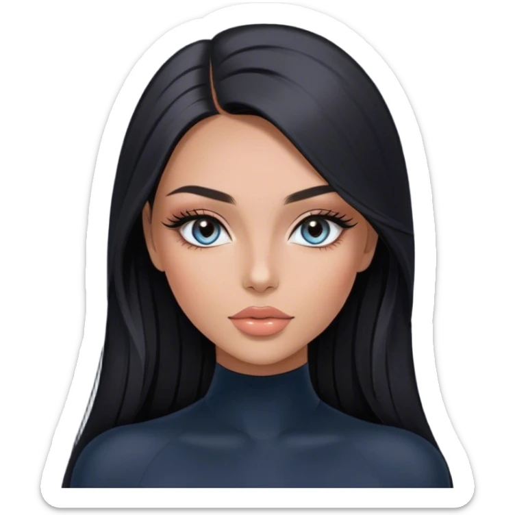 Glamours, tanned, very beautiful girl, with big pump peach-beige-rose lips, long long lashes, black straight smooth silky long hair, straight parting hair, blue-grey eyes in black long-sleeves bodysuit sticker