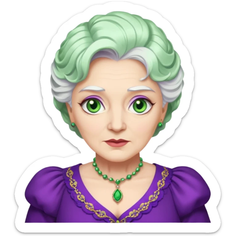 Madame Morrible from Wicked with green eyes, white hair, purple outfit sticker
