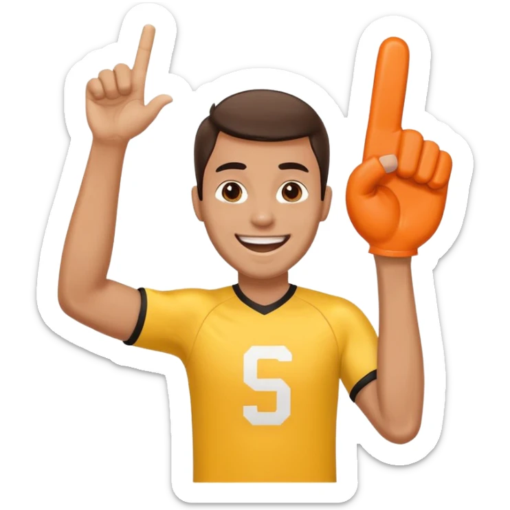 A cheerful man in a team jersey, waving a giant foam finger high with an excited grin. sticker