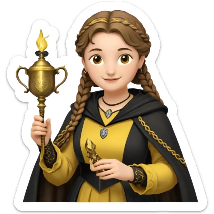 Helga Hufflepuff,the Hogwarts founder of Hufflepuff,brown-haired,2braids,yellow-black medieval dress with black cloak decorated with gold braiding,flickering magic wand and tiny two-handled shiny gold cup engraved with the badger silhouette,very kind smile,curvy busty sweet sticker