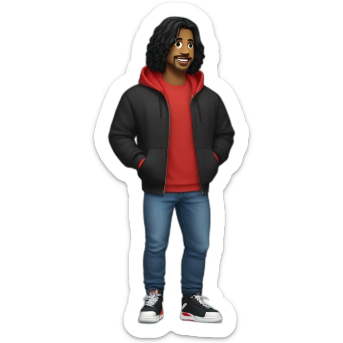 male adult, Long black hair, Black hoodie, Blue Jeans, Red Air Jordans sticker