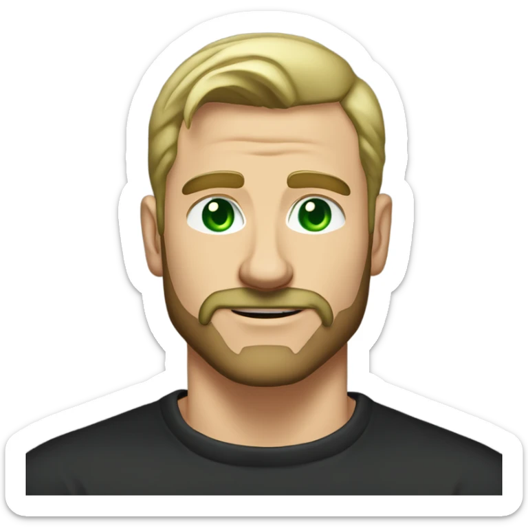 Muscular tall man with green eyes withour beard and mustache dirty blonde short straight hair brushed back, wearing a black sweater in a casual style, loves old-money aesthetic sticker