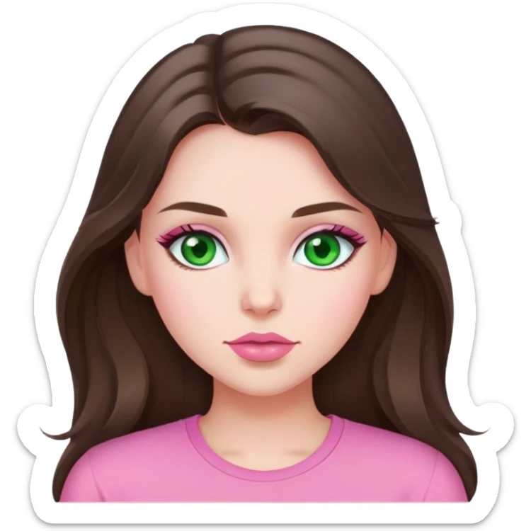 girl brunette green eyes long hair pink lips pink blush pink shirt  sticker
