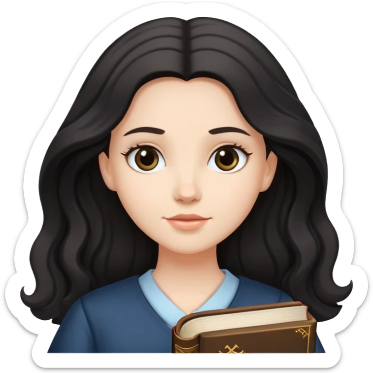 White girl with black straight but wavy hair holding a bible sticker