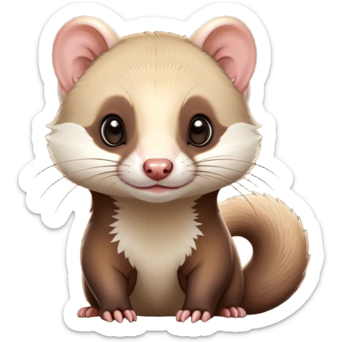 Cinematic Cute sable ferret Portrait Emoji, Head tilted playfully, with an elongated, flexible body and a characteristically curious expression, featuring a short, pointed snout, bright, sparkling eyes, and soft fur in warm brown and cream tones, Simplified yet irresistibly adorable features, highly detailed, glowing with a warm, friendly glow, high shine, affectionate and lively, stylized with a touch of whimsical mischief, soft glowing outline, capturing the essence of a fun-loving and mischievous sable ferret that feels like it could scamper straight into your heart! sticker