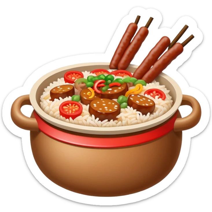 Guangdong clay pot rice with toppings and sauce, simplified emoji style with bold outlines and bright colors, cartoon style Cantonese Bo Zai Fan sticker