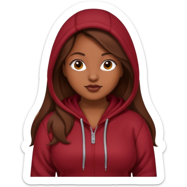 Curvy pretty brown girl with long brown hair, wearing a dark deep red hoodie sticker