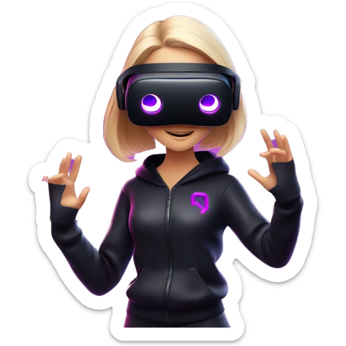 Russian girl wearing black hoody with violet letters "OMG", in vr headset oculus quest2. Dancing. Cyberpunk style. Violet neon. sticker